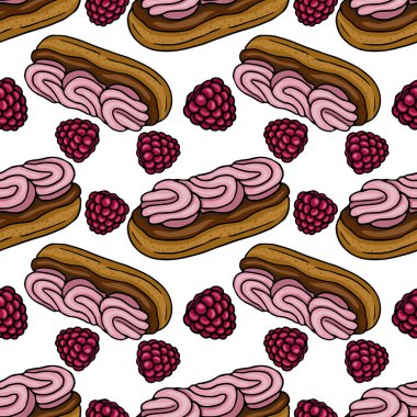 Pembe kremalı ve dağınık ahudududulu kusursuz vektör deseni. Oyuncak, iştah açıcı estetik bir el çizimi tarzı var..