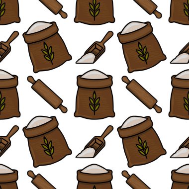 Kır fırını elementlerinin kusursuz vektör deseni: un çuvalları, yuvarlanan raptiyeler ve kepçeler, kahverengi ve bej tonlarıyla büyüleyici bir el çizimi tarzı sergiliyor..