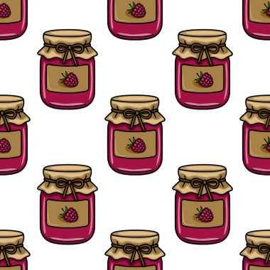 Kraft kağıt kapakları ve bağlı yay ile büyüleyici ahududu reçel kavanozlarının kusursuz vektör deseni, el çizimi stili çizimler ambalaj veya mutfak temalı tasarımlar için mükemmeldir.