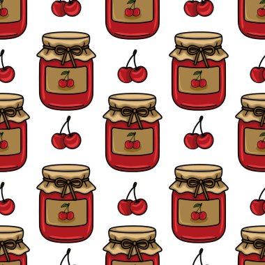 Kiraz reçel kavanozları ve taze kirazların kusursuz vektör deseni, el çizimleri ve kırmızı ve bej renk paleti ile büyüleyici bir vintage stil sunuyor..