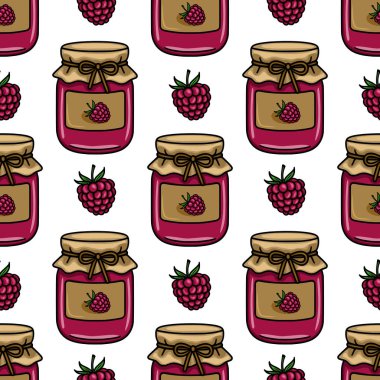 Ahududu reçel kavanozlarının ve taze ahudududuların kusursuz vektör deseni, sıcak renk paleti ile büyüleyici bir el çizimi tarzı, mutfak temalı tasarımlar veya yemek paketleme için mükemmel..