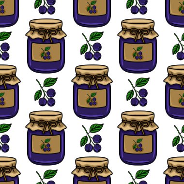 Böğürtlen reçel kavanozlarının el çizimleri içeren pürüzsüz vektör deseni. Kraft kağıt kapakları ve bağlı fiyonklar, yaban mersini ve yaprak kümeleri ile tamamlanmış, büyüleyici ve rus yaratıyor....