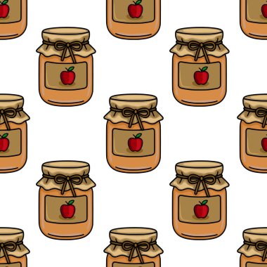 Elma reçel kavanozlarının pürüzsüz vektör desenleri, kraft kağıt kapakları ve bağlı fiyonklar, sıcak turuncu ve kahverengi tonlarda el çizimi çizimleri.