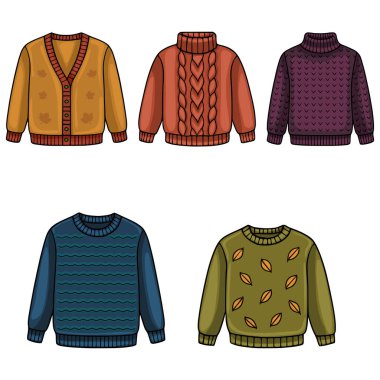 Beş farklı sonbahar temalı süveter içeren bir vektör illüstrasyonunda, her birinin farklı örgü desenleri var: akçaağaç yapraklı bir hırka, örgülü bir balıkçı yaka, geometri desenli bir balıkçı yaka....