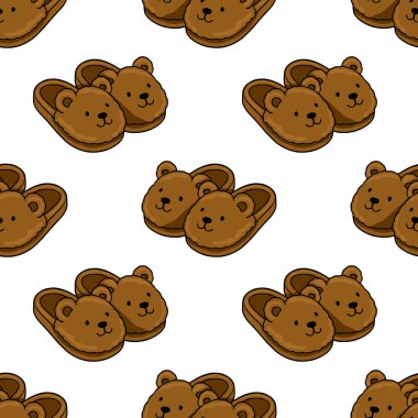 Beyaz arka planda sevimli kahverengi ayı şekilli terliklerin kusursuz vektör deseni, çocuklar için mükemmel tekstil tasarımları ya da rahat ev dekorasyonu.