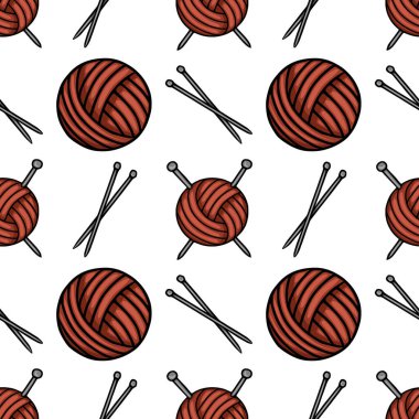 Kırmızımsı kahverengi iplik topları ve örgü iğnelerinin el çizimlerini içeren kusursuz bir vektör deseni, el yapımı projeler veya tekstil baskıları için mükemmel konforlu ve dokulu bir tasarım yaratıyor..
