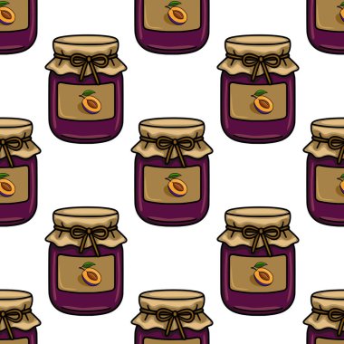 Erikli reçel kavanozlarının pürüzsüz vektör şablonu. Kraft kağıt kapakları ve etiketleri. Erikten yapılmış yarım bir illüstrasyon..