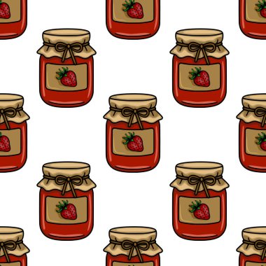 Çilek reçel kavanozlarını kraft kağıt kapakları ve bağlı fiyonklarla kusursuz vektör deseni harika bir kırsal mutfak estetiği yaratıyor..