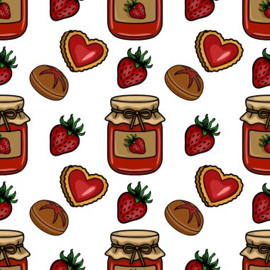 Çilek reçeli kavanozları, taze çilekler, kalp şeklinde kurabiyeler ve tatlı çörekler içeren kusursuz vektör deseni büyüleyici ve iştah açıcı bir tasarım yaratıyor..