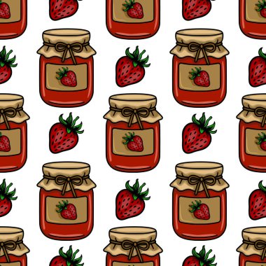 Çilek reçeli kavanozlarının ve taze çileklerin kusursuz vektör deseni, el çizimi detaylarıyla klasik bir illüstrasyon ve ambalaj veya tekstil baskıları için tekrarlayan bir tasarım içeriyor..