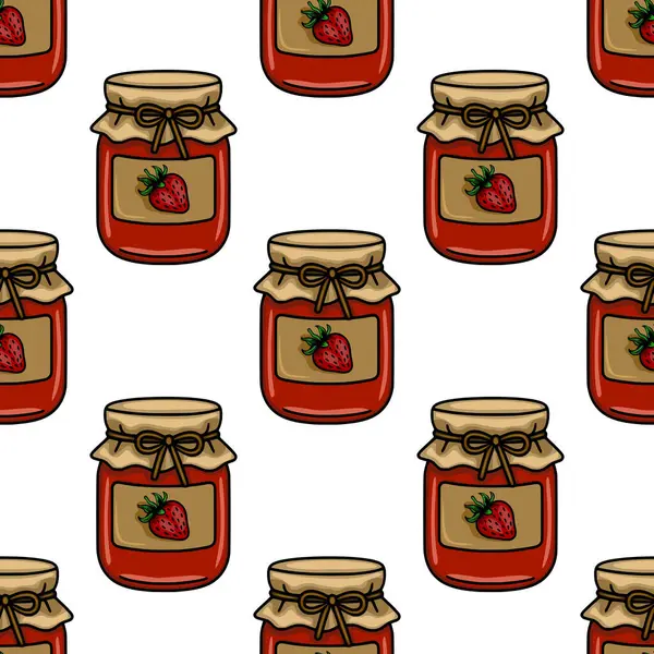 Çilek reçel kavanozlarını kraft kağıt kapakları ve bağlı fiyonklarla kusursuz vektör deseni harika bir kırsal mutfak estetiği yaratıyor..