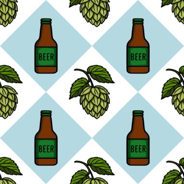 Elle çizilmiş bira şişeleri ve açık mavi ve beyaz elmas şekilli arka planda zıplayan kusursuz vektör deseni, Oktoberfest tasarımları için ideal.