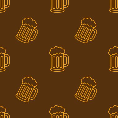 Koyu kahverengi arka planda turuncu bira bardaklarının kusursuz vektör deseni. Oktoberfest ya da bira fabrikası için ideal bir minimalist tasarım..