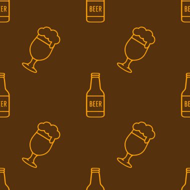 Bira şişeleri ve bardakların minimalist tasarımını içeren kusursuz bir vektör deseni, bira imalatı ya da sonbahar kutlamaları için mükemmel, koyu kahverengi arka plan ve turuncu hatlara sahip..