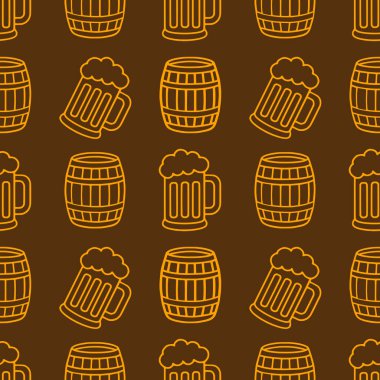 Bira fincanlarının ve ahşap fıçıların, koyu kahverengi arka planda minimalist turuncu çizgili sanat tarzında kusursuz vektör desenleri. Oktoberfest veya bira fabrikası tasarımları için ideal..