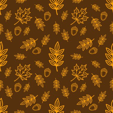 Elle çizilmiş turuncu dış hatlı kusursuz vektör deseni koyu kahverengi arka planda sonbahar yaprakları ve meşe palamutları kırsal ve zarif bir sonbahar tasarımı yaratıyor..