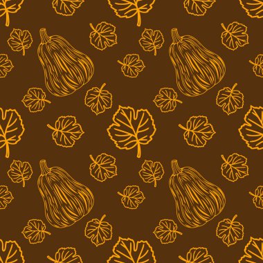 Kabak ve sonbahar yapraklarının kabak desenlerini içeren pürüzsüz vektör deseni sıcak turuncu ve kahverengi tonlarda kırsal ve samimi bir sonbahar tasarımı oluşturur..