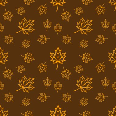 Koyu kahverengi arka planda turuncu akçaağaç yapraklarının kusursuz vektör deseni. Değişen yaprak boyutları ve doğal sonbahar hissi için dağınık bir düzenleme..