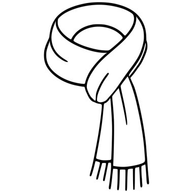Kış eşarbının şık bir tasviri, düzgün katlanmış ve bağlanmış, basit, el çizimi bir stil ve püsküllü uçlarla, moda veya kış temalı tasarımlar için mükemmel..