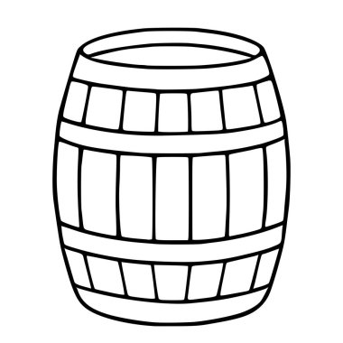 Belirgin bir el çizimi stili olan tahta bir varilin basit vektör çizimi, koyu siyah çizgiler ve açıkça tanımlanmış kamışlar, kırsal tasarımlar için ideal..