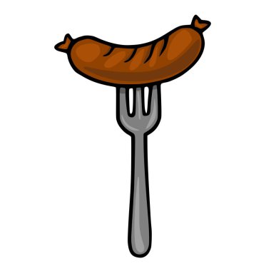 Çatala saplanmış ızgara sosisin eğlenceli bir vektör çizimi. Çizgi film tarzı, koyu kahverengi ve gri tonlarda sergileniyor..