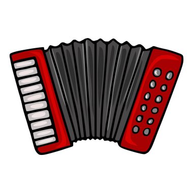 Kırmızı bir akordeonun canlı vektör çizimi, ayrıntılı körük ve düğmeleri ile oyuncu bir çizgi film stili sergiliyor, müzikal temalı tasarımlar için mükemmel..