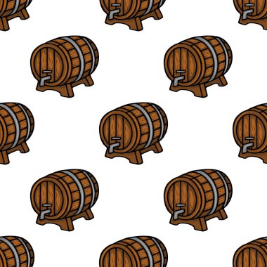 Kahverengi ahşap bira fıçılarının, metal halkaları ve muslukları olan kusursuz vektör kalıpları, beyaz arka planda tekrarlanan bir dizayn ile, Oktoberfest ya da bira fabrikası temaları için ideal.