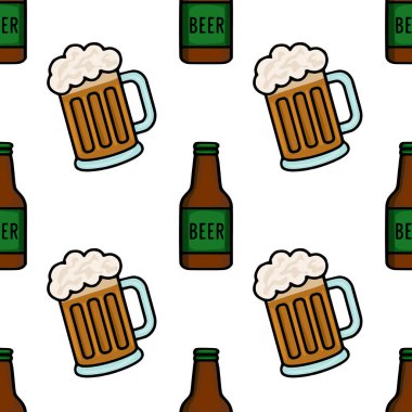 Bira bardakları ve şişelerin eğlenceli bir illüstrasyonunu içeren kusursuz bir vektör deseni, Oktoberfest ya da bira festivali temalı tasarımlar için mükemmel, cesur bir taslak tarzı ve neşeli renk paletiyle.