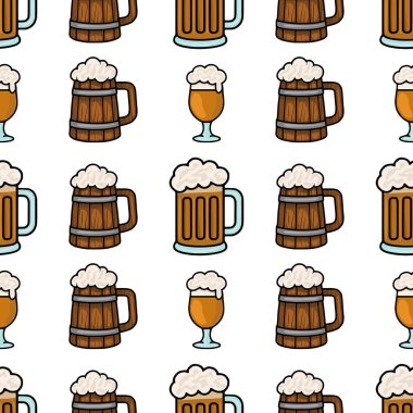 Ahşap bira bardakları ve bira bardakları ile neşeli bir Oktoberfest tasarımı içeren kusursuz bir vektör deseni, şenlikli arka planlar ve kutlamalar için mükemmel..