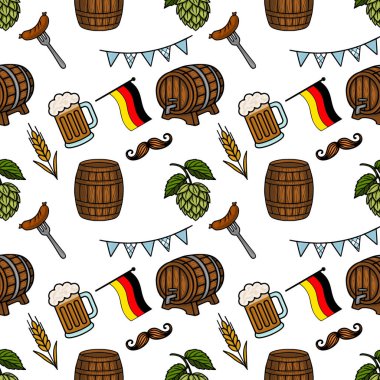 Oktoberfest elementleri, bira bardakları, fıçılar, zıplamalar, sosisler, Alman bayrakları ve bıyıkları içeren kusursuz vektör deseni, kahverengi, yeşil ve altın aksanlı bir çizgi film tarzında dizayn edildi..