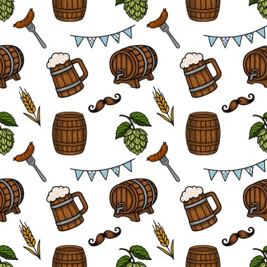 Oktoberfest elementleri ile kusursuz vektör deseni bira bardakları, fıçılar, sekmeler, sosisler, bıyıklar ve Bavyera bayrakları mevsimlik tasarımlar için mükemmel bir festival ve neşe dolu bir illüstrasyon yaratıyor..