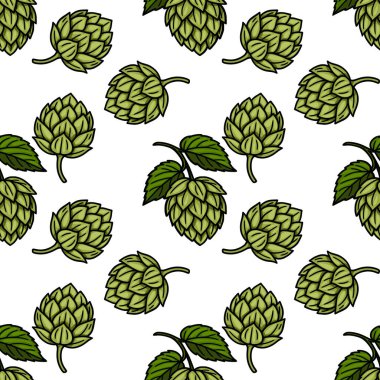 Elle çizilmiş koni ve yaprakların kusursuz vektör deseni, canlı yeşil bir palet ve detaylı, biraz kırsal bir stile sahip, Ekim festivali veya bira fabrikası tasarımları için mükemmel..