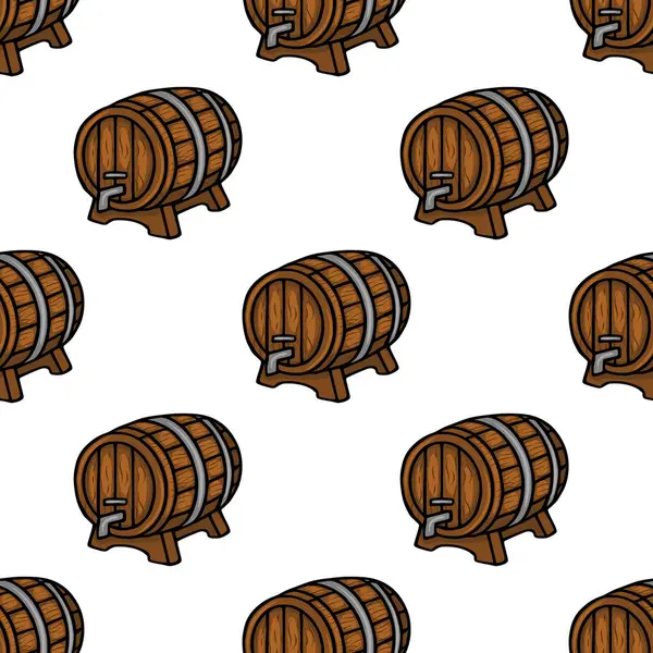 Kahverengi ahşap bira fıçılarının, metal halkaları ve muslukları olan kusursuz vektör kalıpları, beyaz arka planda tekrarlanan bir dizayn ile, Oktoberfest ya da bira fabrikası temaları için ideal.