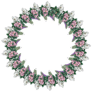 Pembe ve beyaz frezya çiçekleri, okaliptüs yaprakları ve mor vetch içeren zarif vektör çiçek tasarımı davetiyeler, kartlar veya dekoratif unsurlar için mükemmeldir..