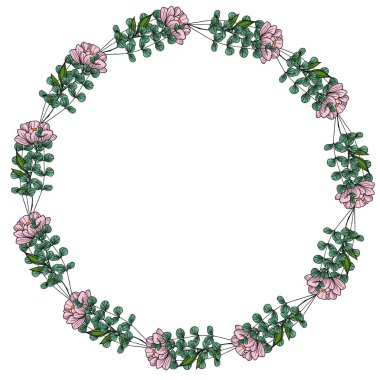 Zarif pembe şakayık ve okaliptüs yaprakları içeren zarif bir çiçek çelengi tasarımı. Davetiyeler, kartlar veya markalar için mükemmel..