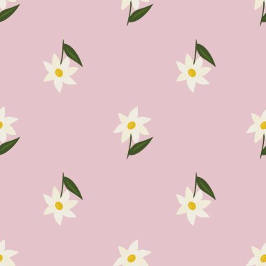 Sarı merkezleri ve soluk pembe arka planda yeşil yaprakları olan kusursuz beyaz çiçeklerin vektör deseni, tekstil baskıları, duvar kağıtları ve ambalaj için idealdir..