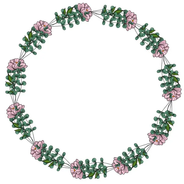 Zarif pembe şakayık ve okaliptüs yaprakları içeren zarif bir çiçek çelengi tasarımı. Davetiyeler, kartlar veya markalar için mükemmel..