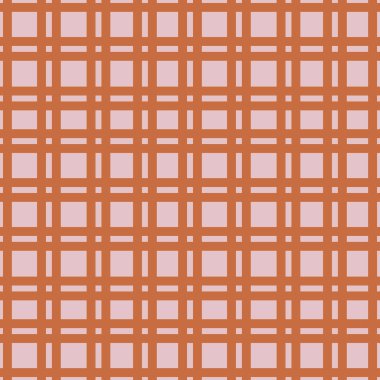 Terracotta ve kızaran pembe kareler ve çizgilerle kusursuz vektör deseni, tekstil baskıları veya web arkaplanları için ideal modern geometrik ızgara tasarımı yaratıyor..