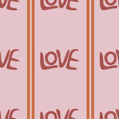 Terracotta 'da, dikey yanmış turuncu çizgilerle vurgulanmış, soluk pembe arkaplan üzerinde biçimlendirilmiş bir aşk sözcüğü tasarımı içeren kusursuz bir vektör deseni..