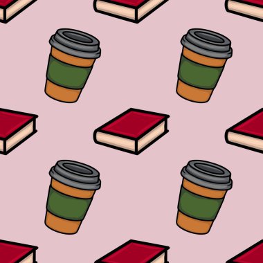 Kahve fincanları ve kitapların biçimlendirilmiş resimlerini içeren kusursuz bir vektör deseni, sonbahar tasarımları için mükemmel, sessiz pembe arka plan ve kalın hatlarla.