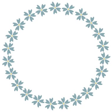 Biçimlendirilmiş mavi çiçekler ve sarı merkezlerden oluşan dairesel düzeniyle zarif bir vektör çerçevesi. Davetiyeler, kartlar veya dekoratif unsurlar için mükemmel..