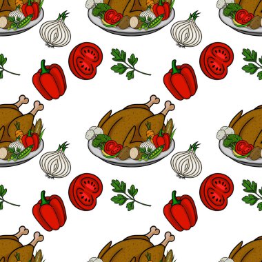 Şükran Günü sebzeleri, dolma biber, soğan, domates ve brokoli gibi kızarmış hindilerle çevrili kusursuz bir vektör deseni, sonbahar için ideal bir şenlik ve iştah açıcı tasarım yaratıyor....
