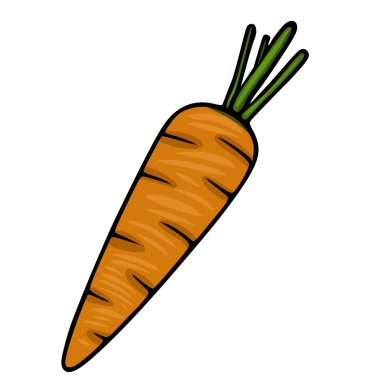 Tek bir havucun canlı bir temsili portakal desenli ve detaylı yeşil yapraklı el çizimi bir stili gösteriyor, yiyecekle ilgili tasarımlar için mükemmel..