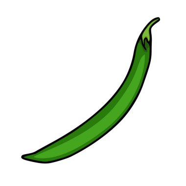 Tek, stilize edilmiş yeşil bezelye kabuğunun canlı bir vektör çizimi, beyaz bir arkaplana karşı koyu bir ana hatla cesur, karikatür tarzı sergiliyor..