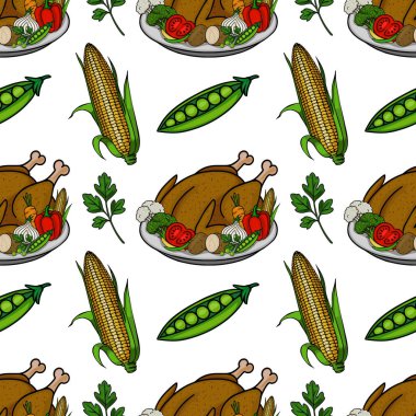 Kızarmış hindi, çeşitli Şükran Günü sebzeleri, koçanlarda mısır ve bezelye ve canlı ve şenlikli bir tasarım içeren kusursuz bir vektör deseni..