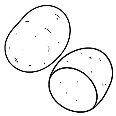 İki el yapımı patatesin vektör çizimi, bir bütün ve bir yarım, basit, siyah-beyaz bir tasarım sergiliyor mutfak tasarımları için mükemmel.