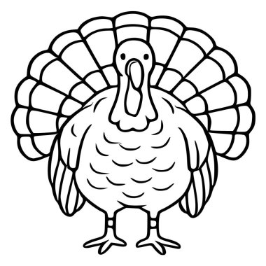 Detaylı tüyleri ve sadeleştirilmiş vücudu olan bir hindinin Şükran Günü vektör çizimi, tatil tasarımları ve boyama sayfaları için mükemmel..