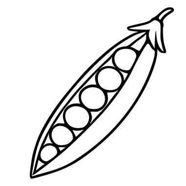 Yedi bezelyeli tek bir bezelye kabuğunun vektör çizimi, koyu siyah bir özet ve basit ama anlamlı besin grafiği gerektiren tasarım projeleri için ideal minimalist bir tasarım tarzı içeriyor..