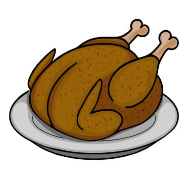 Tabakta kızartılmış bir tavuğun vektör çizimi. Detaylı, çizgi film tarzında, kahverengi ve gri tonlarda. Şükran Günü veya bayramla ilgili yemek tasarımları için mükemmel..