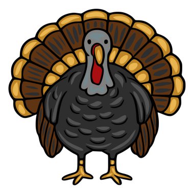 Karikatür hindisinin Şükran Günü çizimi kahverengi, altın ve gri renklerle detaylandırılmış tüyleri festival tasarımları için mükemmel..